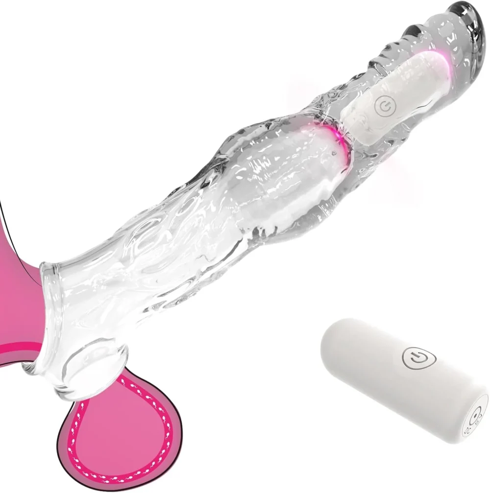 Reusable 10-Speed Vibrating Penis Extender Sleeve, Transparent Textured Penis Sleeve with Cock Ring for Men | Adult Toys, Cock Sleeve with Vibrator Sex Things for Couples Kinky